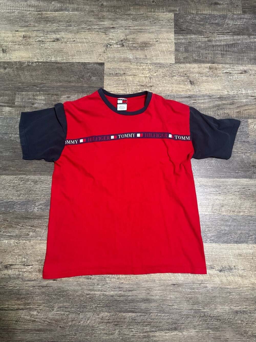 Vintage 90s Tommy Hilfiger Logo Tape Colorblock T-Shirt Red Blue Made in USA Lar